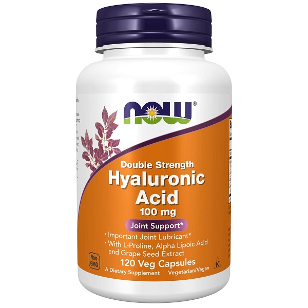 NOW Foods Supplements Hyaluronic Acid 100 mg Double Strength with L-Proline, Alpha Lipoic Acid and Grape Seed Extract 120 Veg Capsules
