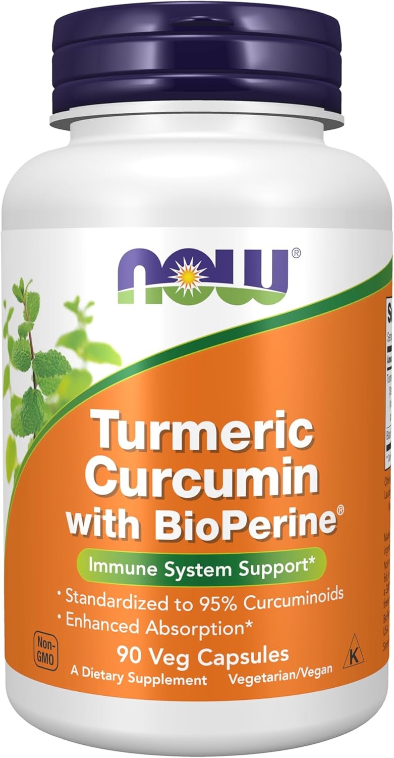 Now Supplements Turmeric Curcumin with BioPerine Immune System Support Standardized to 95% Curcuminoids Enhanced Absorption 90 Veg Capsules