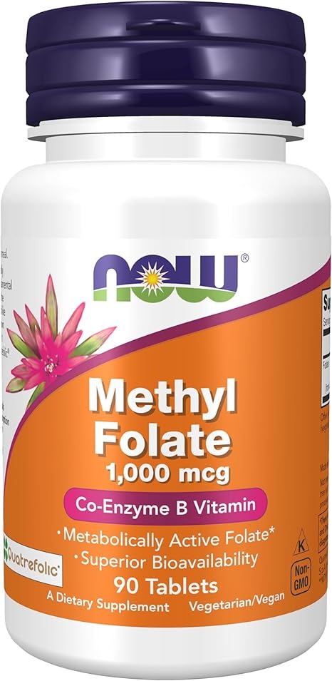 NOW Foods Supplements Methyl Folate 1000 mcg Metabolically Active Folate Co-Enzyme B Vitamin 90 Tablets