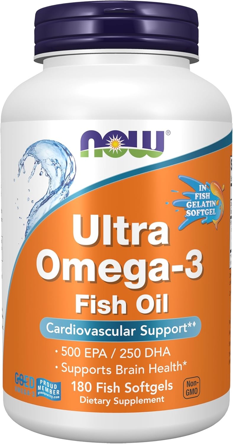 NOW Foods Supplements Ultra Omega-3, 500 EPA and 250 DHA Cardiovascular Support 180-Fish Gelatin Softgels