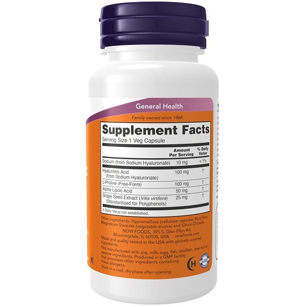 NOW Foods Supplements Hyaluronic Acid 100 mg Double Strength with L-Proline, Alpha Lipoic Acid and Grape Seed Extract 120 Veg Capsules thumbnail 2