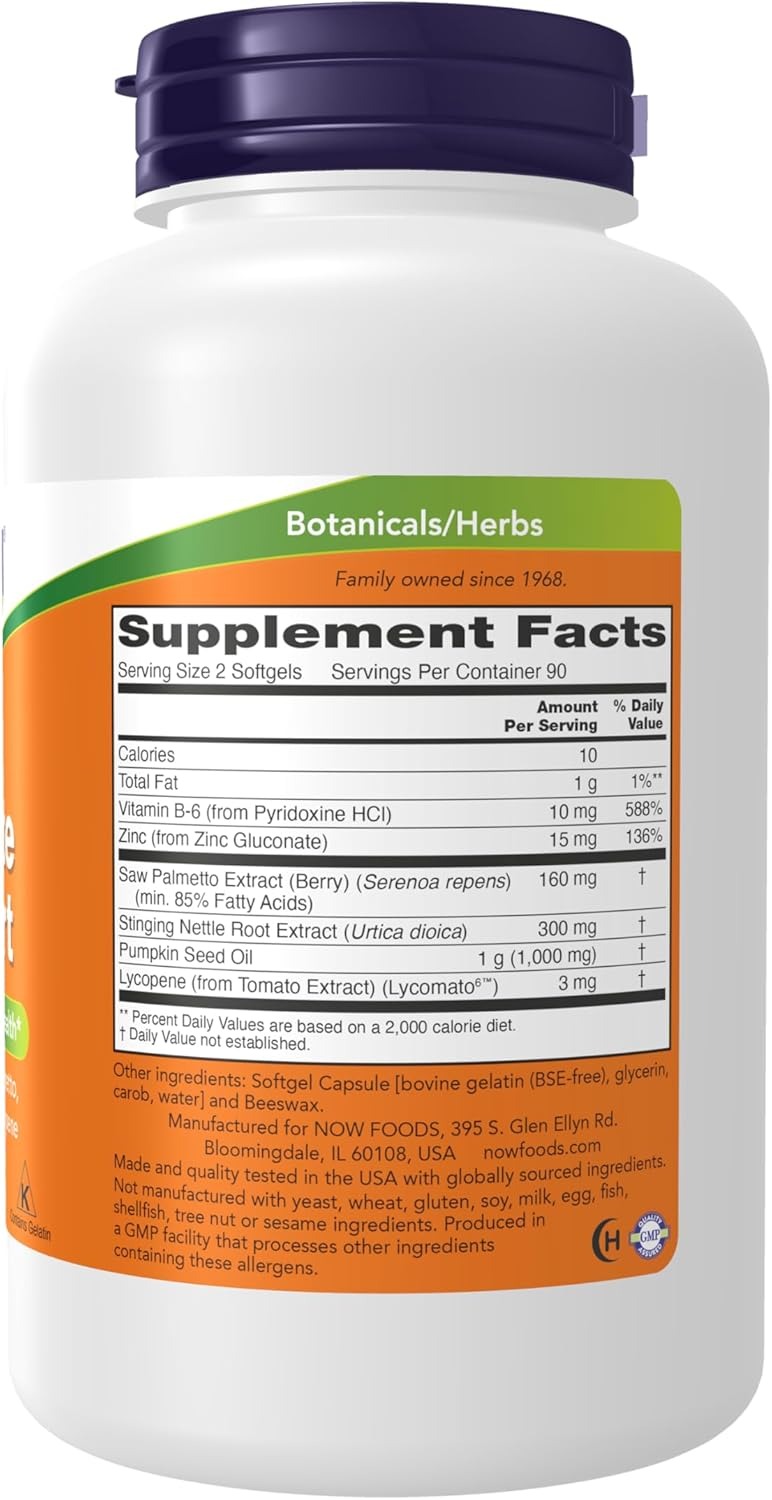 NOW Supplements Prostate Support Prostate Support with Standardized Saw Palmetto Stinging Nettle & Lycopene 180 Softgels thumbnail 2