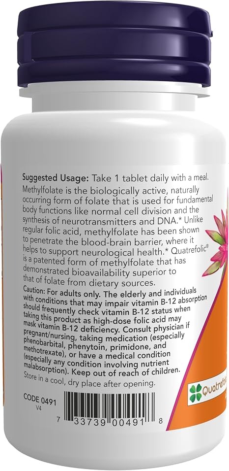 NOW Foods Supplements Methyl Folate 1000 mcg Metabolically Active Folate Co-Enzyme B Vitamin 90 Tablets thumbnail 2