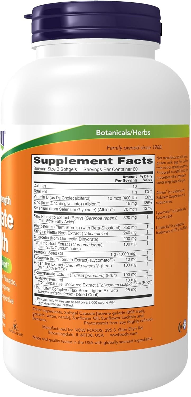 NOW Foods Supplements Prostate Health Clinical Strength Saw Palmetto Beta-Sitosterol & Lycopene 180 Softgels thumbnail 2
