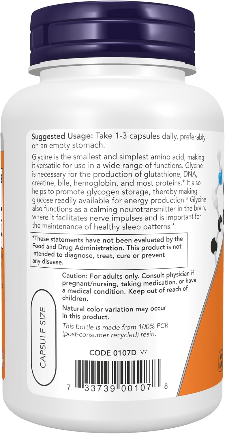 NOW Foods Supplements Glycine 1,000 mg Free-Form Neurotransmitter Support 100 Veg Capsules thumbnail 2