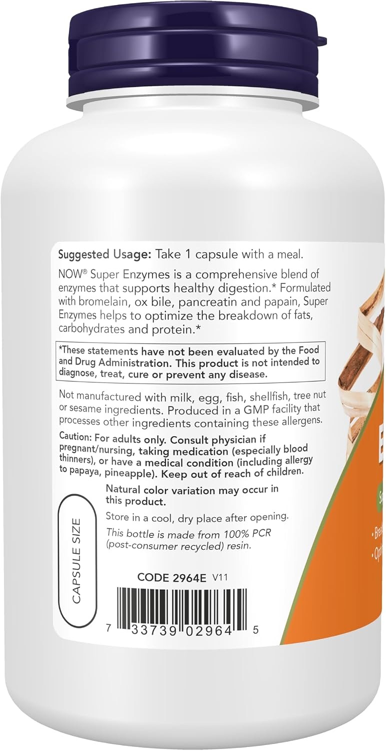 NOW Foods Supplements Super Enzymes Formulated with Bromelain Ox Bile Pancreatin and Papain 180 Capsules thumbnail 2