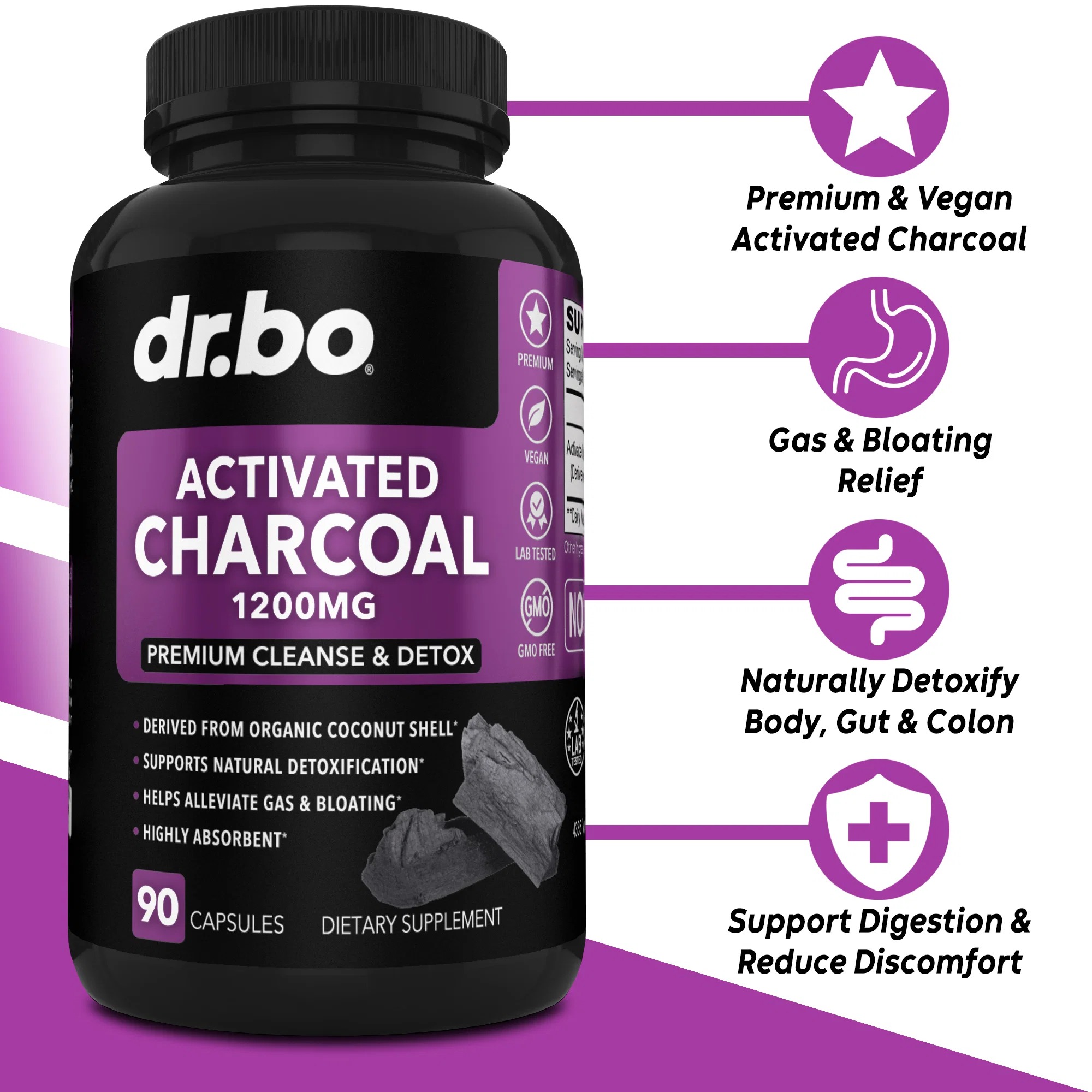 Dr.Bo Activated Charcoal 1200 Mg  Organic Coconut Charcoal Pills  90 Capsules thumbnail 2