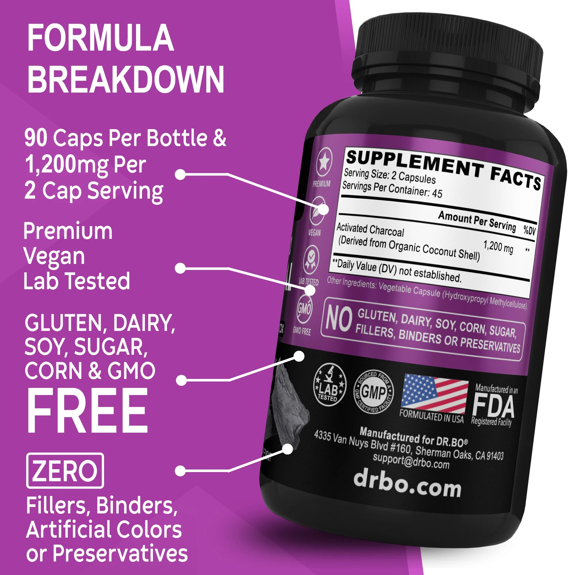 Dr.Bo Activated Charcoal 1200 Mg  Organic Coconut Charcoal Pills  90 Capsules thumbnail 3