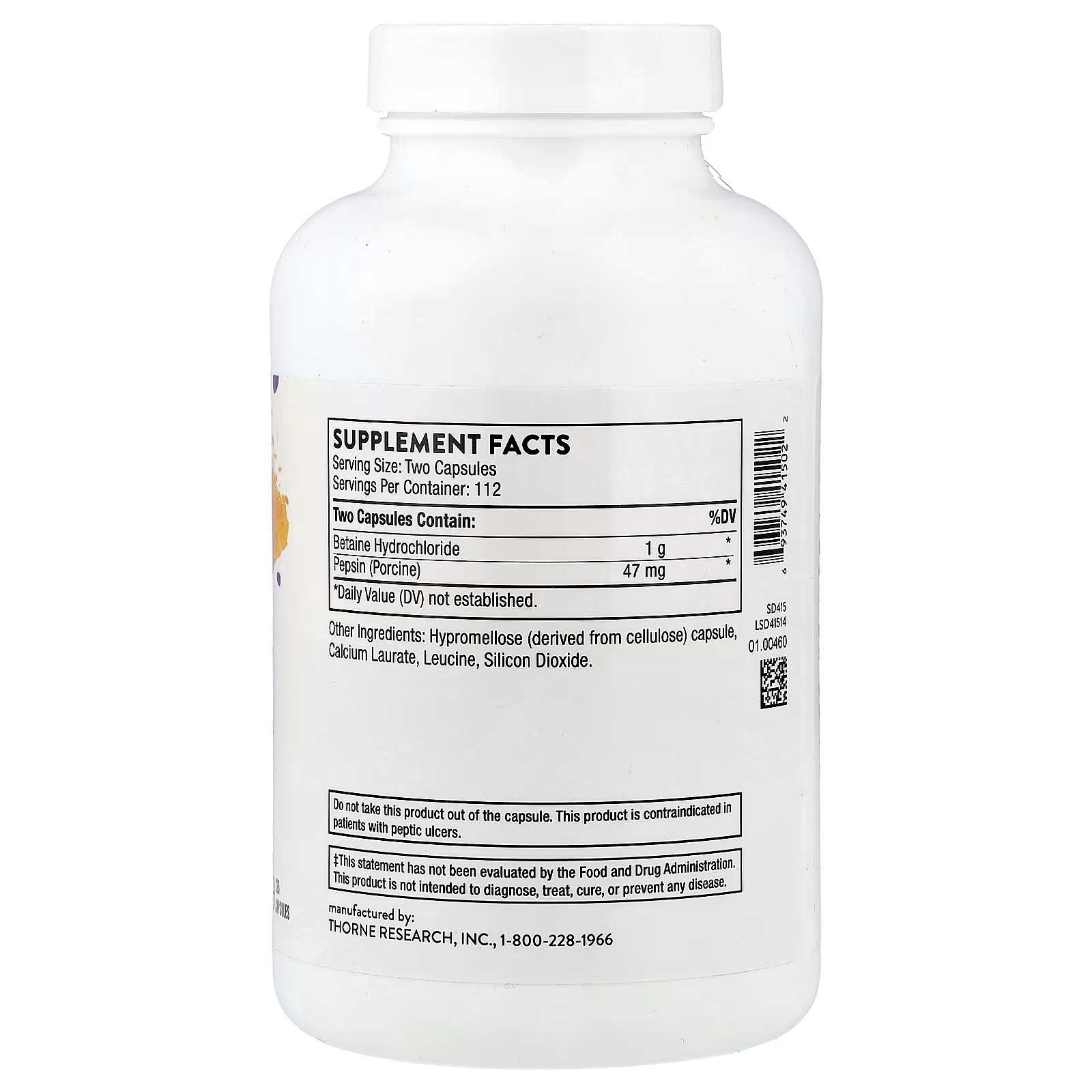 THORNE Betaine HCL & Pepsin Digestive Enzyme & Hydrochloric Acid 225 Capsules thumbnail 2